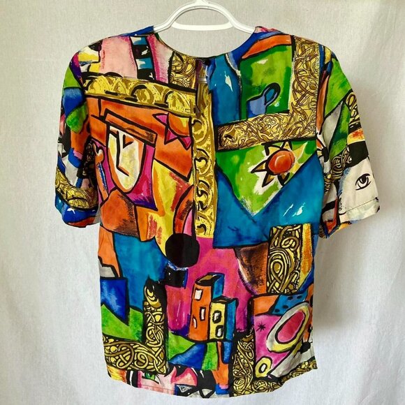 Pat Argenti 80s Colourful Silk Blouse (S) - Picture 4 of 4